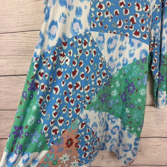 Logo Lori Goldstein Plus Size Blue Green Floral Leopard Patchwork Top Size 2X - Picture 5 of 8